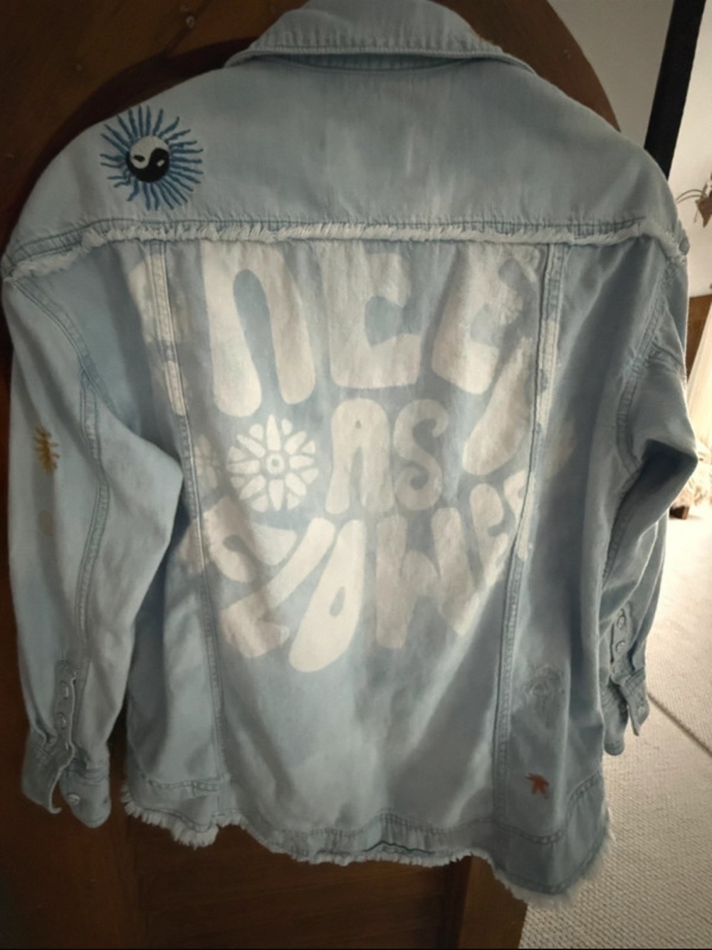 Free People Rare Light Blue Button-Down Denim Shirt with White Back Graphic
